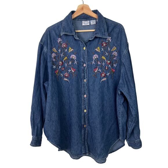 Carolina Blues Plus Size 24 Beaded Embroidered Denim Button Up Long Sleeve Shirt - Picture 1 of 8